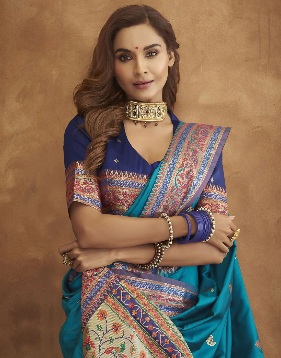 Vastranavya Blue Soft Paithani Silk Saree With Gold Zari Weaving Motifs With Matching Blouse Fabric - Distacart
