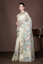 Thumbnail for Morchari Beige Banarasi Tissue Computer Embroidery Saree Unstitched Blouse