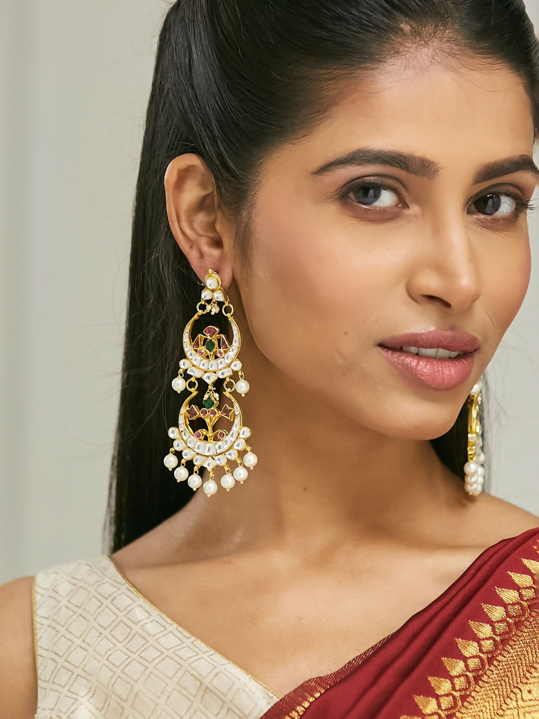 Nuyug 22K Gold-Plated Kundan Studded & Pearl Beaded Layered Chandbalis