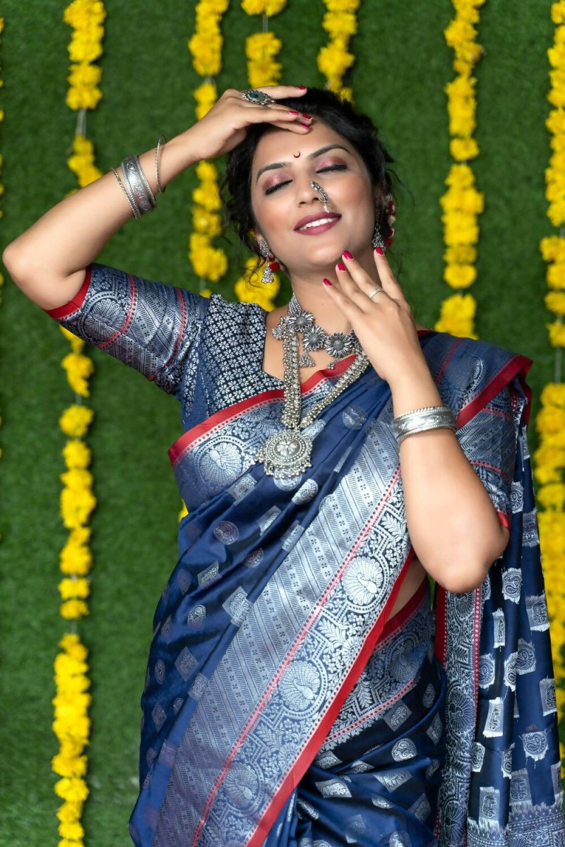 Aastha Fashion Navy Blue Woven Soft Handloom Silk Saree with Blouse - Distacart