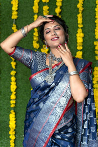 Thumbnail for Aastha Fashion Navy Blue Woven Soft Handloom Silk Saree with Blouse - Distacart