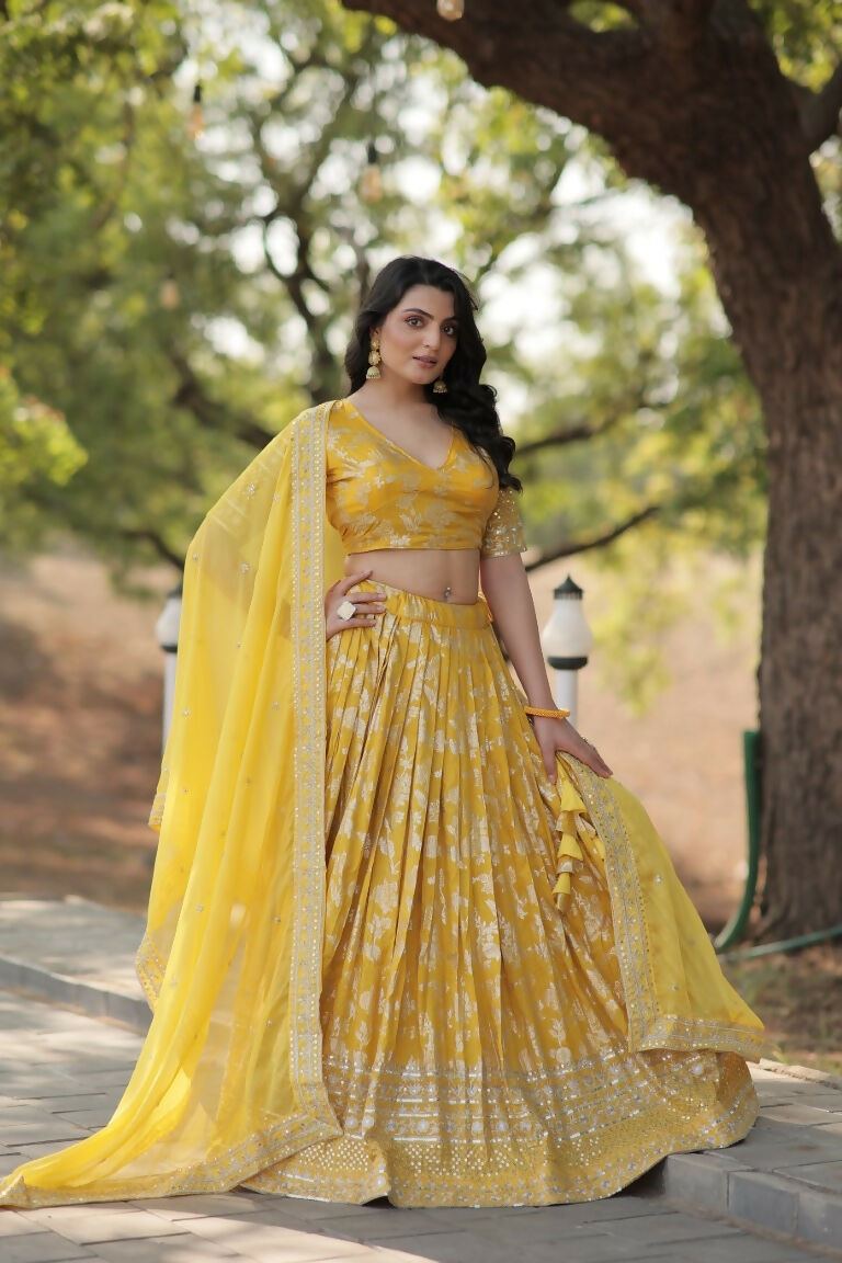 Vastranavya Designer Dyeable Pure Viscose Jacquard Fabric Lehenga Choli & Dupatta Set - Yellow - Distacart