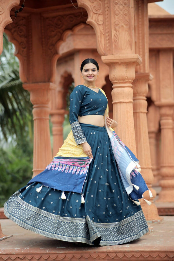Vastranavya Navaratri Collection Myra Silk Lehenga & Blouse With Maslin Crochet Printed Dupatta Set - Turquoise - Distacart