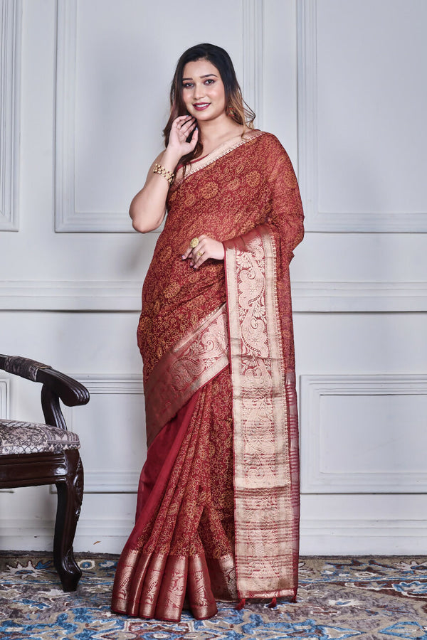 Morchari Maroon Script Printed Orzanga Saree Unstitched Blouse
