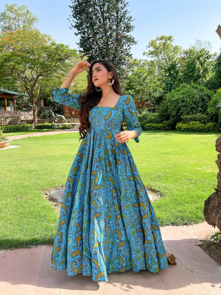 Aastha Fashion Women's Sky Blue Cotton Silk Digital Printed Anarkali Dress - Distacart