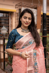 Thumbnail for Pink Pure Linen Woven Design Saree with Unstitched Blouse - A2M
