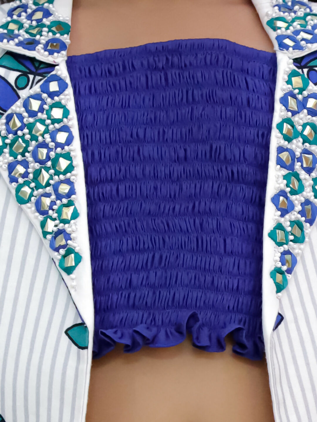 Lil Drama Shor-Gul White Jacket and Pant With Blue Bustier Set For Girls