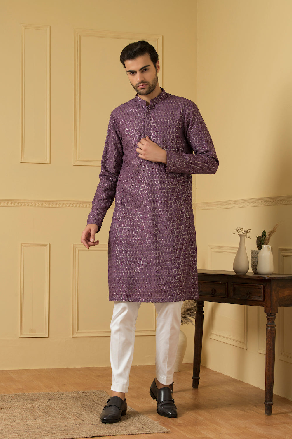 Purple Lucknowi Threadwork Kurta by Hilo Design - Distacart