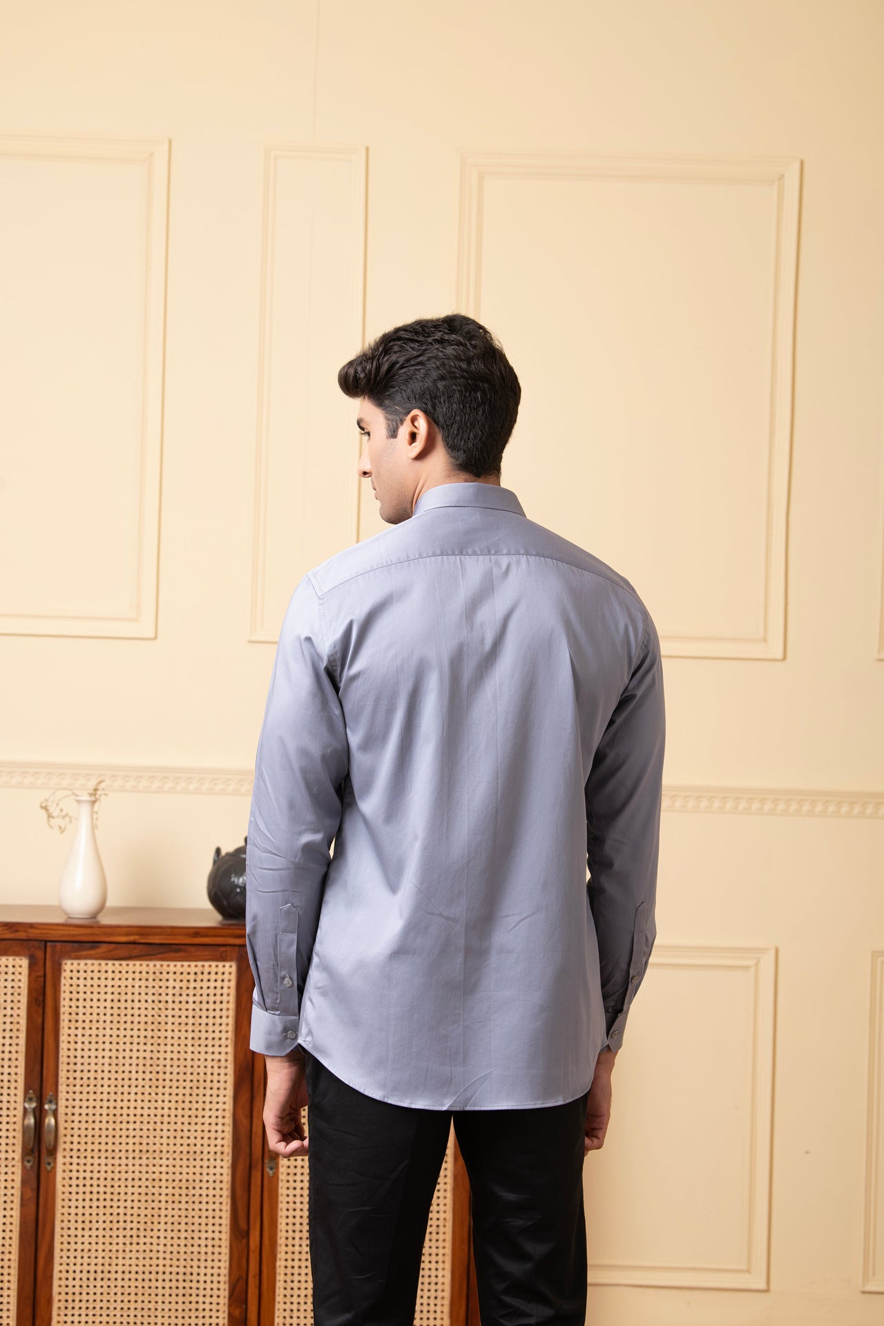 Grey Shirt With V-Shaped Black Strip by Hilo Design