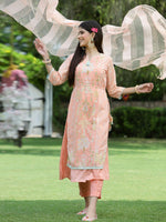 Thumbnail for Juniper Orange Ethnic Motif Printed Georgette Kurta Pants & Dupatta Set With Tassels & Lace - Distacart