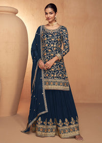 Thumbnail for Blue Real Chinnon Embroidered Wedding Festive Palazzo Suit - Emponline - Distacart