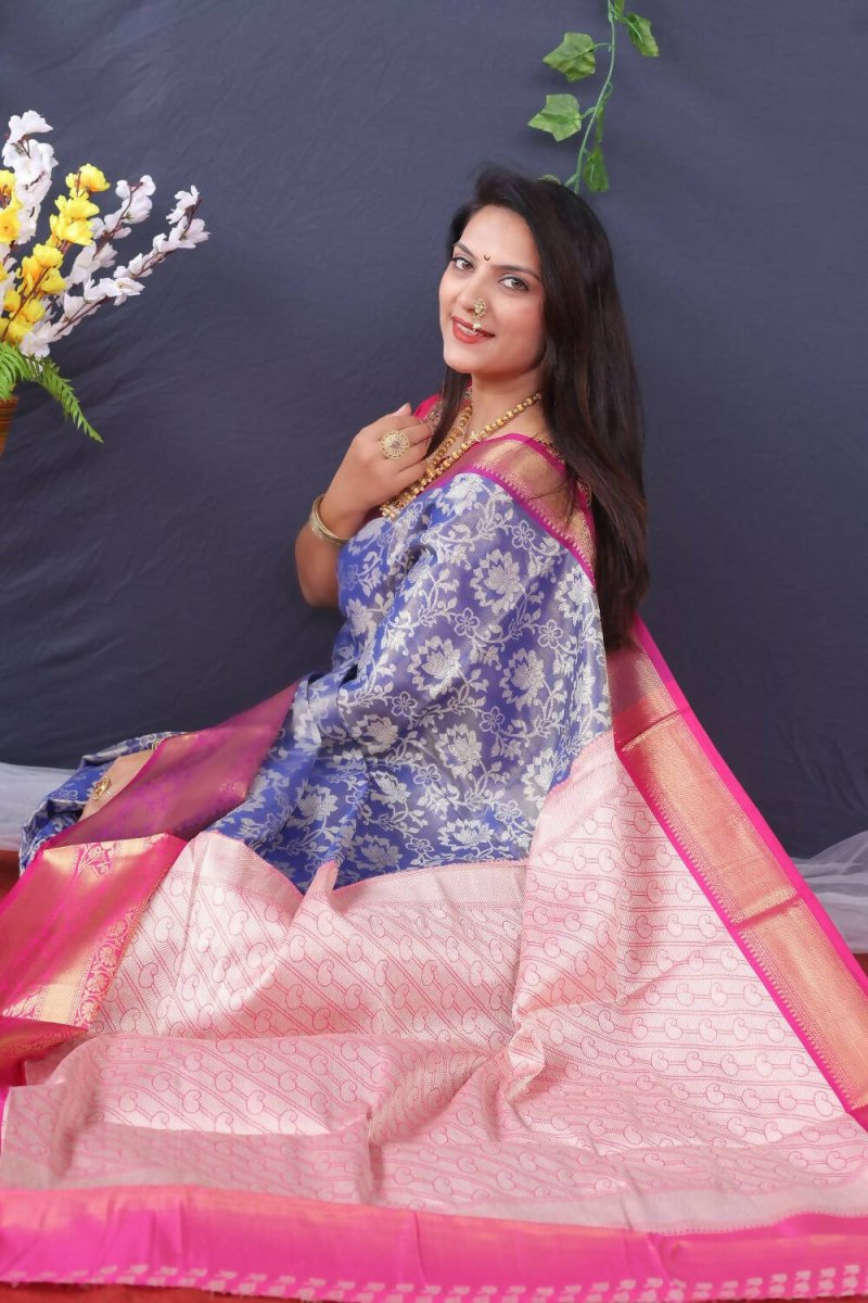 Aastha Fashion Blue Woven Tissue Silk Saree with Blouse - Distacart