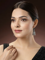 Thumbnail for NVR Women's Silver-Toned German Silver Oxidised Dome Shaped Jhumka Earrings - Distacart