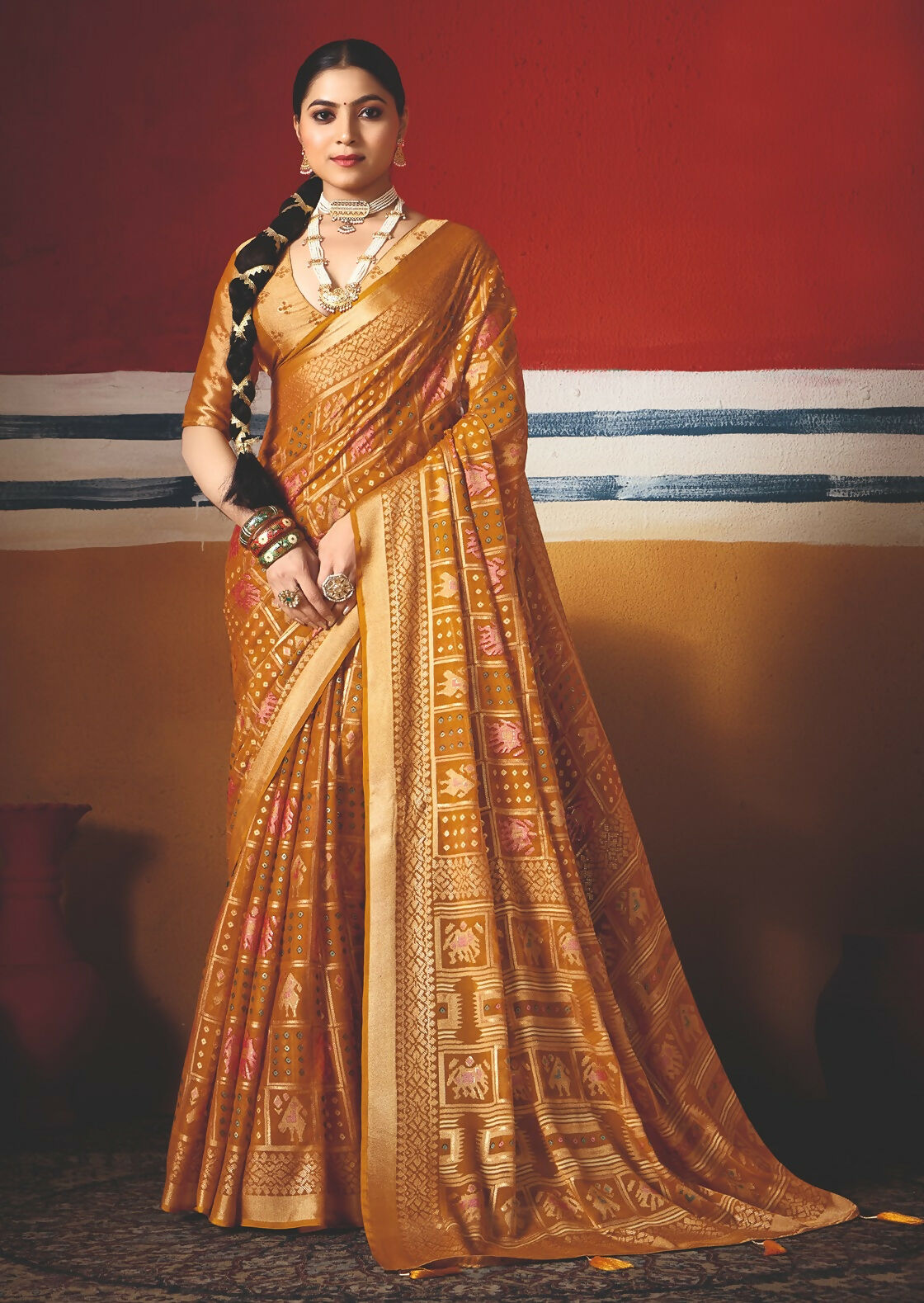 Joban Fashion Yellow Dull Moss Brasso Saree