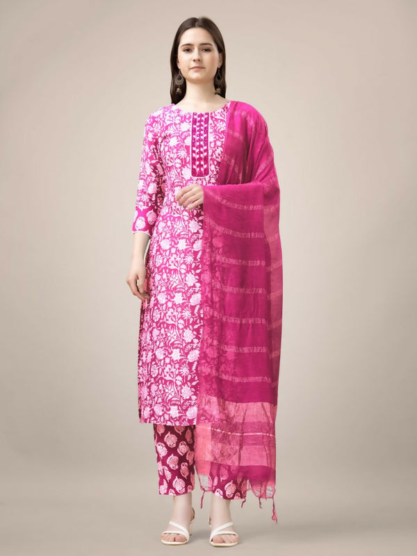 Jyoti Fashion Women's Pink Rayon Print with Embroidery & Fancy Lace Work Kurta with Trouser & Dupatta - Distacart