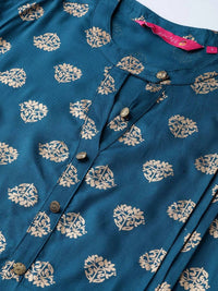 Thumbnail for Anubhutee Teal Blue & Off-White Foil Print Kurta with Palazzos - Distacart