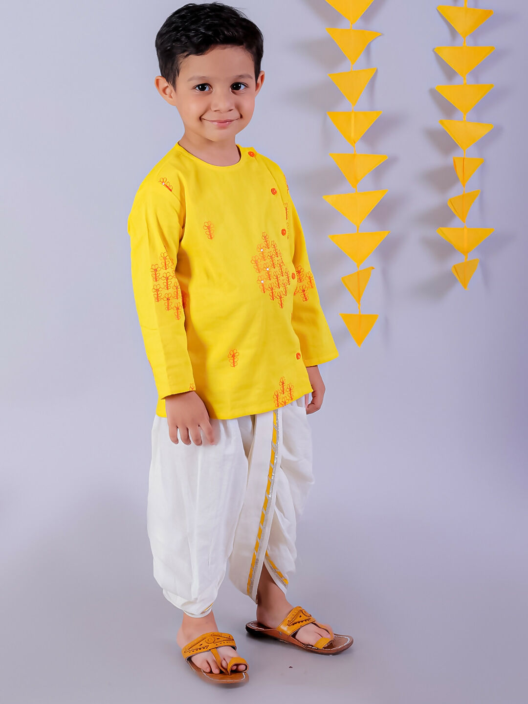 Lil Drama Janmashtami Yellow Boys Cotton Kurta and White Dhoti Ethnic Set - Distacart