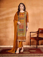 Thumbnail for Anouk Ethnic Motifs Printed Mirror Work Pure Silk Straight Kurta with Trousers & Dupatta - Distacart