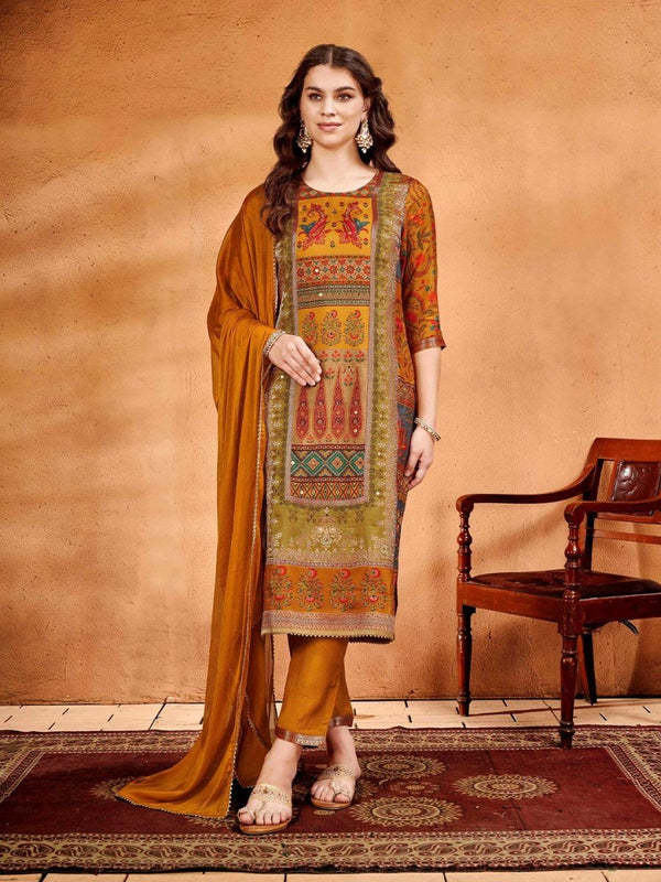 Anouk Ethnic Motifs Printed Mirror Work Pure Silk Straight Kurta with Trousers & Dupatta - Distacart