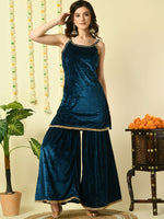 Thumbnail for Myshka Women's Teal Velvet Kurti & Sharara With Dupatta Party Sets - Distacart
