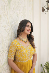 Thumbnail for Aastha Fashion Women's Yellow Faux Blooming Embroidery Zari Sequins-work Gown