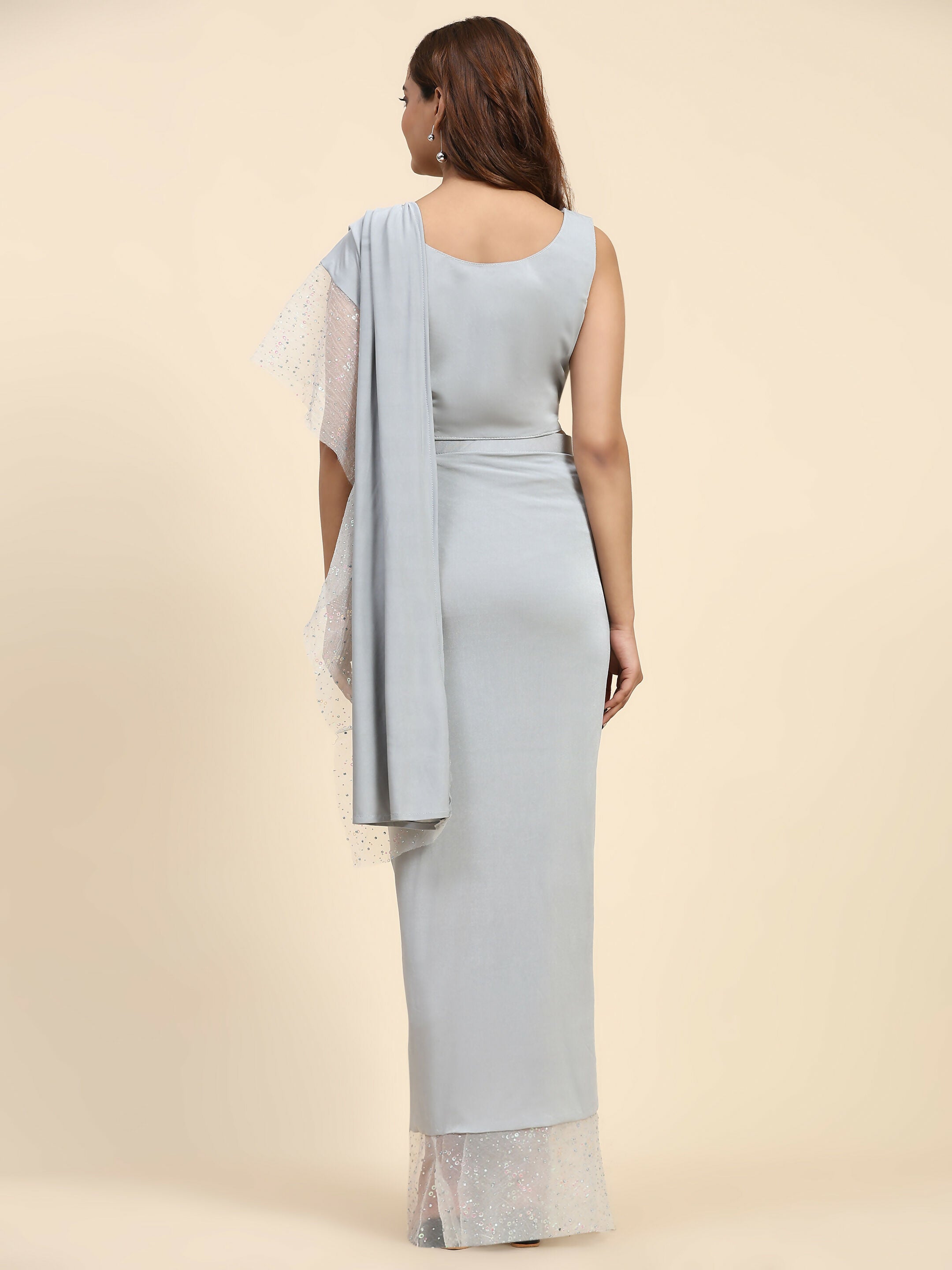 Light Grey Lycra Solid Ready to Wear Saree with stitched Blouse - Nita - Distacart