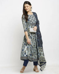 Thumbnail for Aastha Fashion Women's Navy Blue Cotton Printed Kurta with Trouser & Dupatta - Distacart