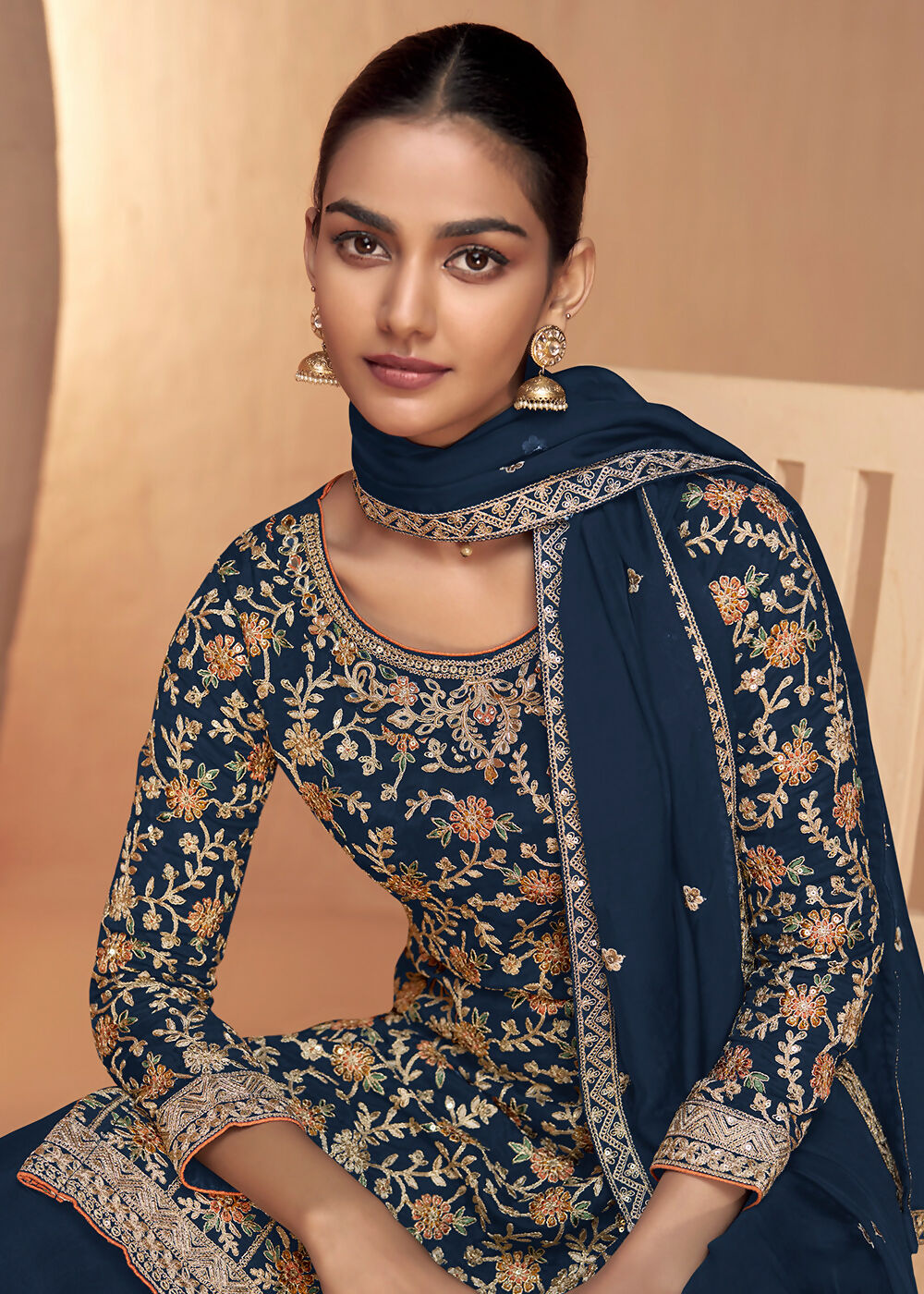 Blue Real Chinnon Embroidered Wedding Festive Palazzo Suit - Emponline - Distacart
