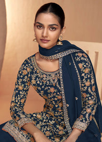 Thumbnail for Blue Real Chinnon Embroidered Wedding Festive Palazzo Suit - Emponline - Distacart