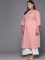Thumbnail for Sztori Plus Size Floral Embroidered Round Neck Cotton Straight Kurta - Distacart