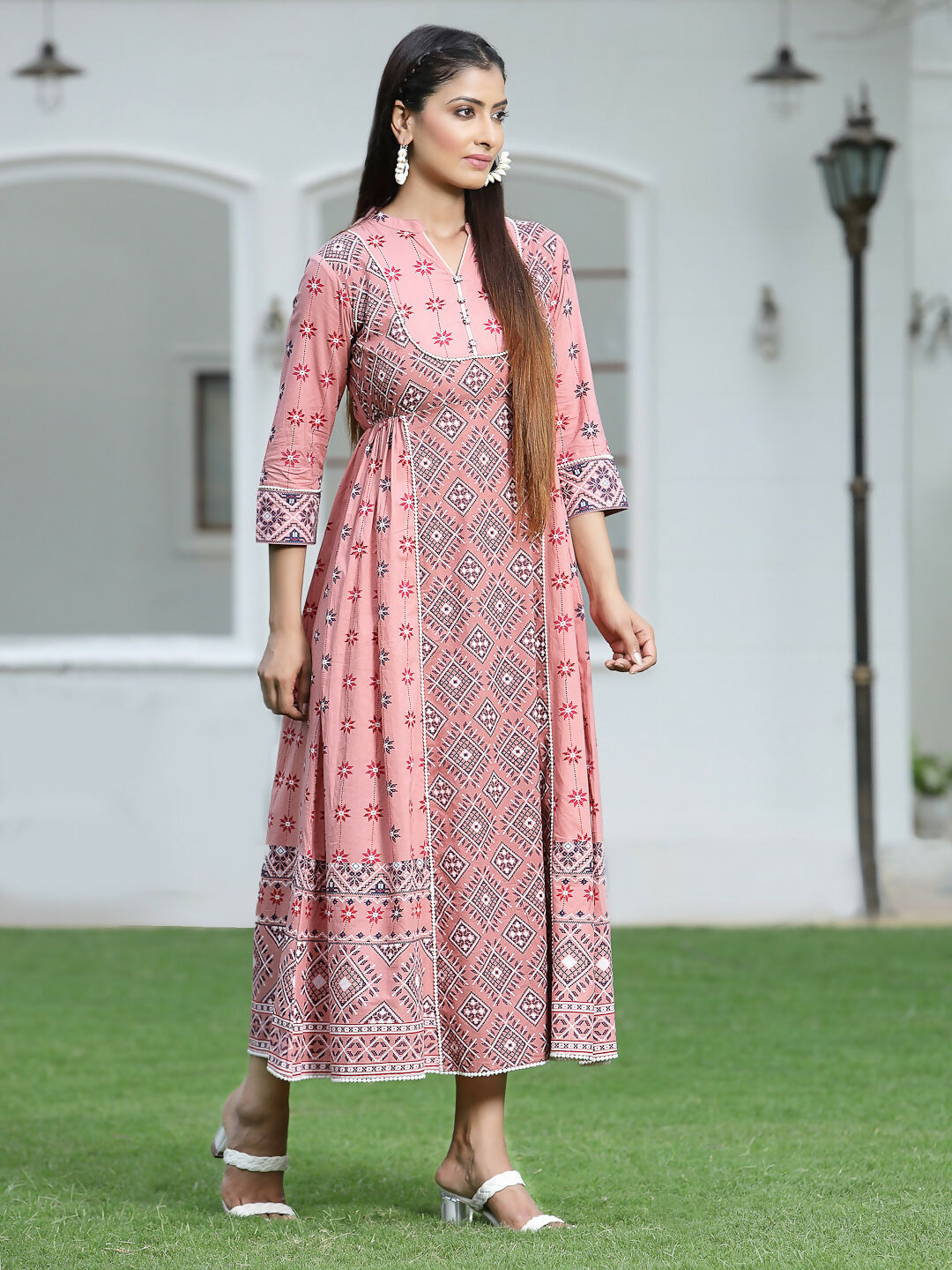 Juniper Peach Geometric Printed Pure Cotton Maxi Dress With Lace Work - Distacart