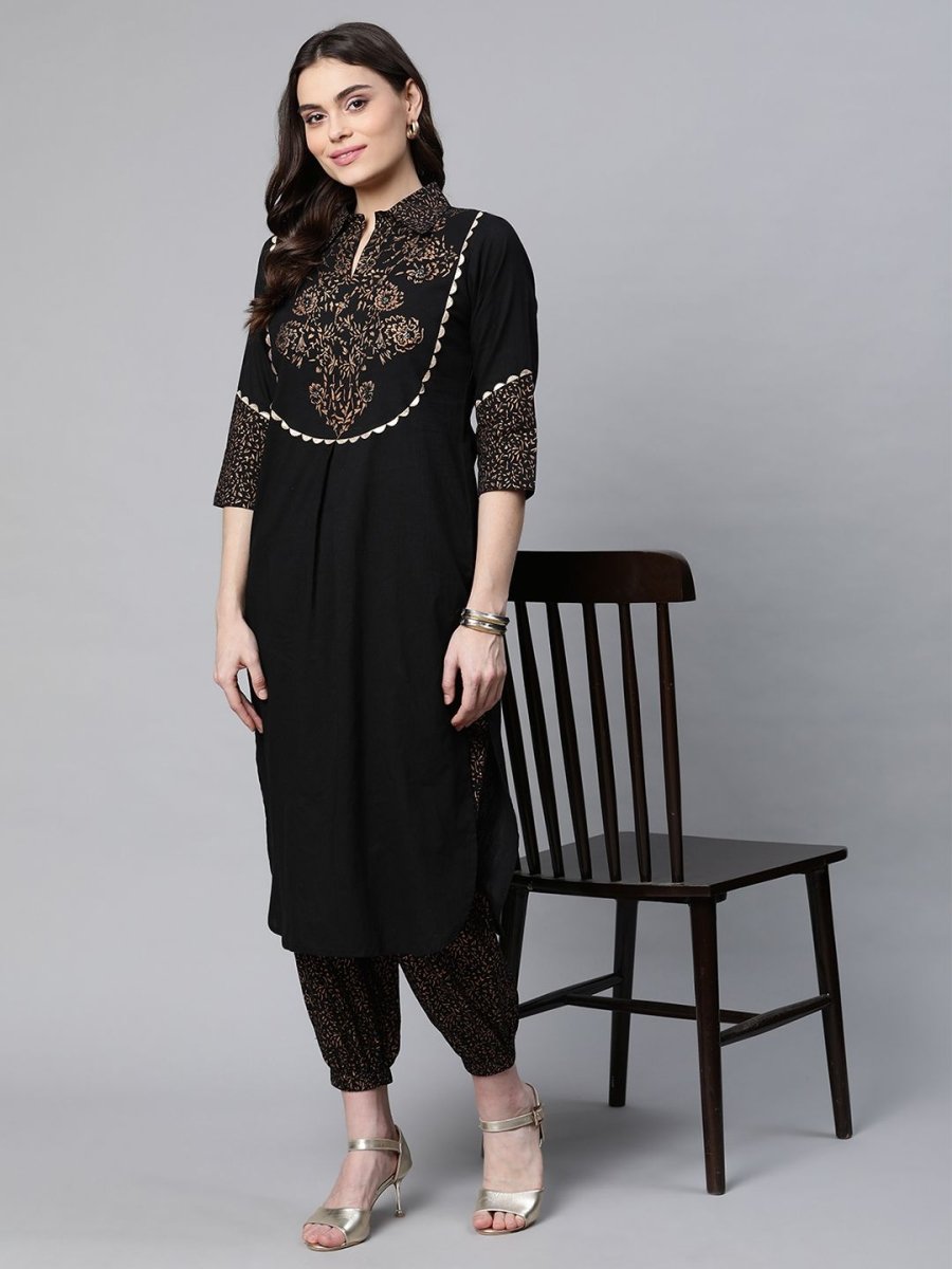 Ahalyaa Women Black Colour Pure Cotton Printed Kurta Pant Set - Distacart