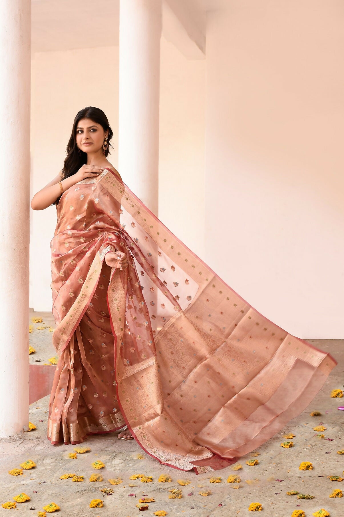 Joban Fashion Rose Gold Pure Banarasi Tissue Saree