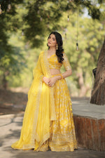 Thumbnail for Vastranavya Designer Dyeable Pure Viscose Jacquard Fabric Lehenga Choli & Dupatta Set - Yellow - Distacart