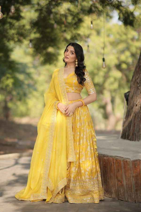 Vastranavya Designer Dyeable Pure Viscose Jacquard Fabric Lehenga Choli & Dupatta Set - Yellow - Distacart