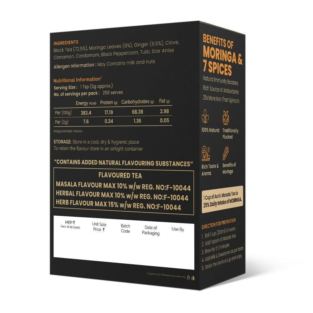 Auric Kadak Moringa Masala Tea - Black Tea from Assam & Darjeeling with Real Spices (Cardamom, Ginger, Black Pepper)