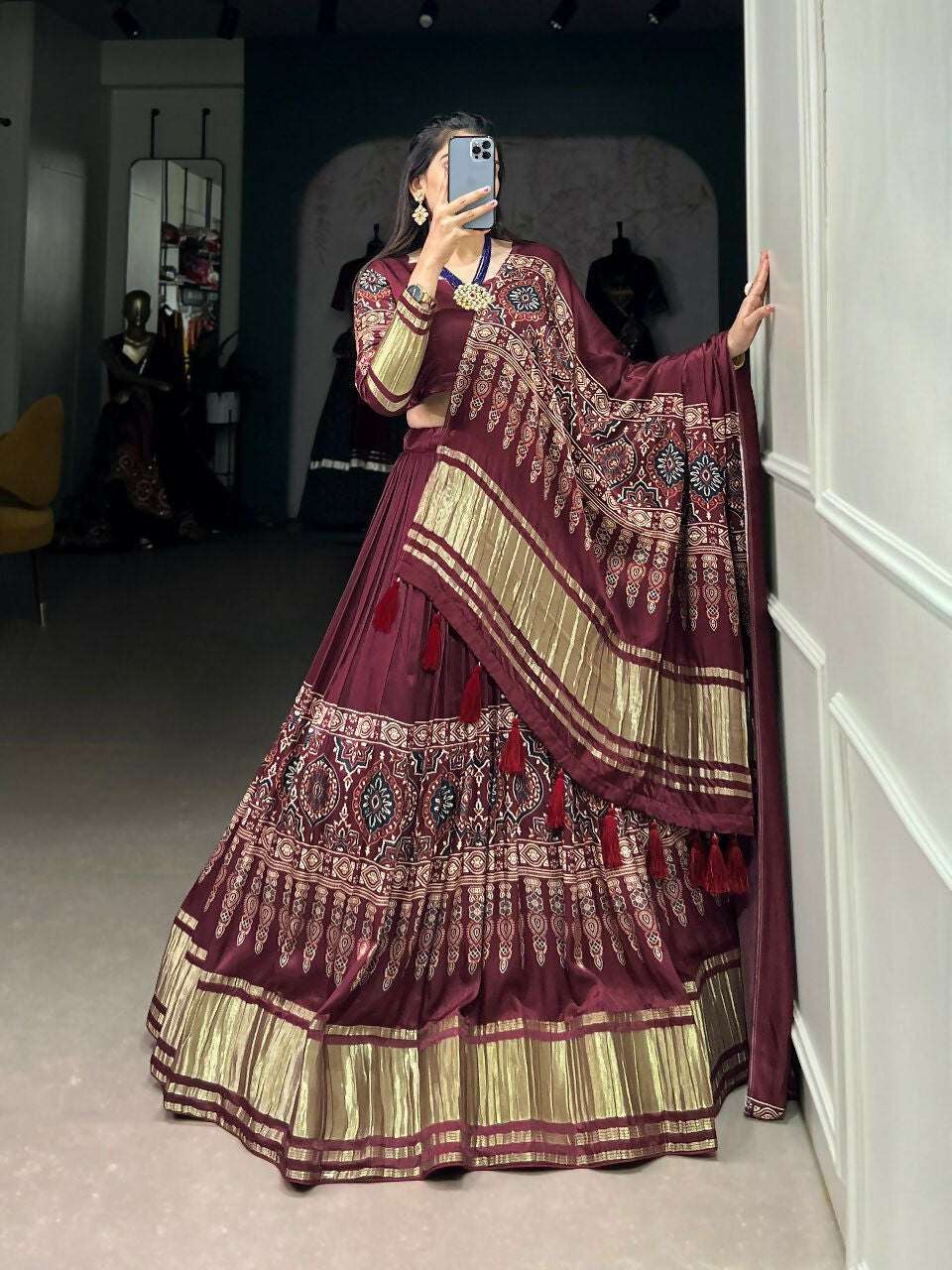 Vastranavya Traditional Every Occasion Gaji Silk Digital Print With Lagadi Patta Lehenga with Unstitched Blouse - Maroon