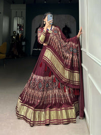 Thumbnail for Vastranavya Traditional Every Occasion Gaji Silk Digital Print With Lagadi Patta Lehenga with Unstitched Blouse - Maroon