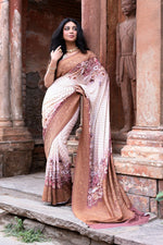 Thumbnail for Joban Fashion Ivory And Dusty Rose Crepe Chiffon Pure Handloom Banarasi Silk Saree