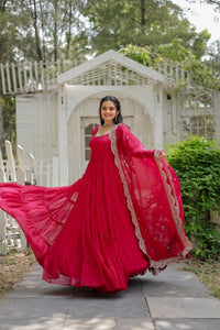 Thumbnail for Aastha Fashion Women's Rani Pink Faux Georgette Frill Work Anarkali Dress with Dupatta - Distacart