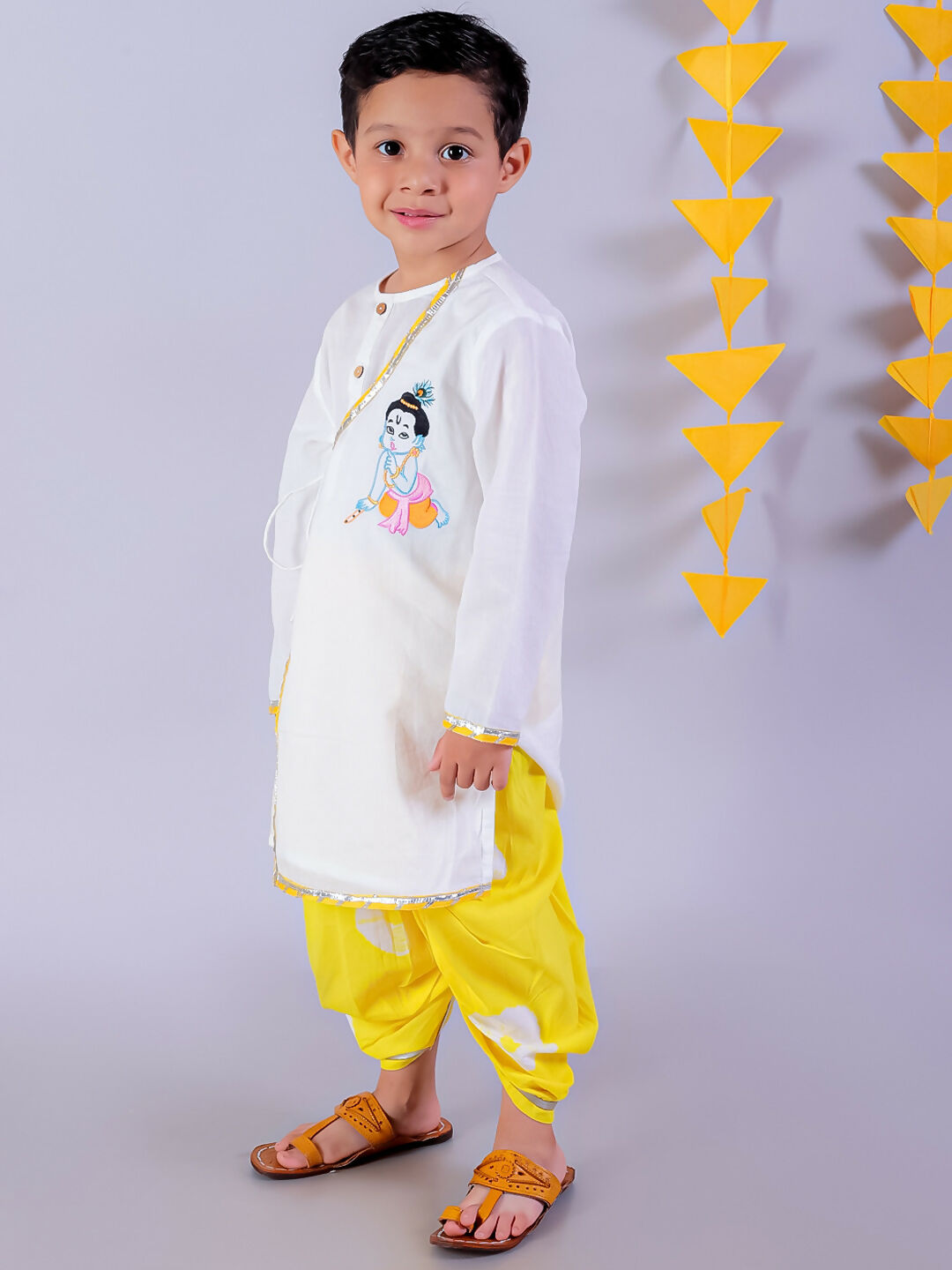 Lil Drama Janmashtami White Boys Cotton Kurta and Yellow Dhoti Ethnic Set - Distacart