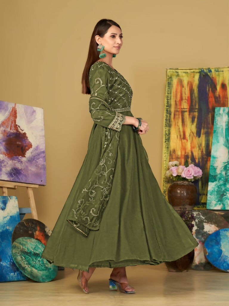 Jyoti Fashion Women's Olive Green Georgette Embroidered Anarkali Kurta Pant Set With Dupatta
