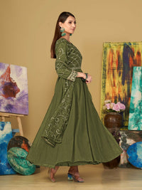 Thumbnail for Jyoti Fashion Women's Olive Green Georgette Embroidered Anarkali Kurta Pant Set With Dupatta