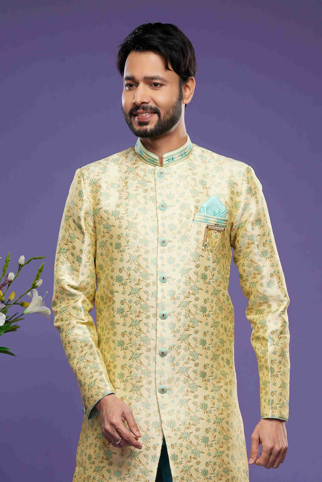 Raivat Ethnic Banarasi Jacquard Embroidery Semi Indo Western Sherwani In Gold Colour