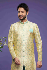 Thumbnail for Raivat Ethnic Banarasi Jacquard Embroidery Semi Indo Western Sherwani In Gold Colour