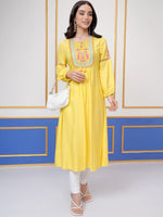 Thumbnail for Vishudh Yellow Floral Embroidered Tie-Up Neck Long Sleeves Thread Work A-Line Kurta - Distacart