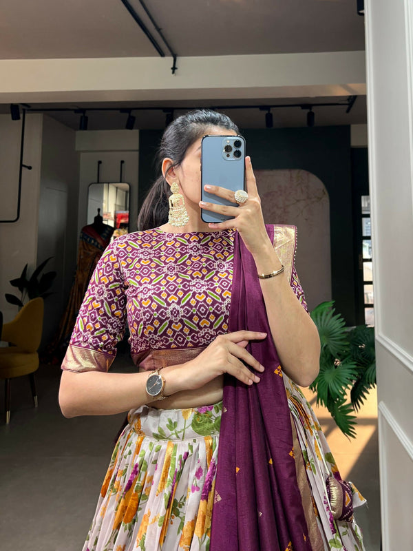 Vastranavya Exquisite Tussar Silk Lehenga Set With Perfect Floral And Patola Print Design Lehenga Choli - Wine - Distacart