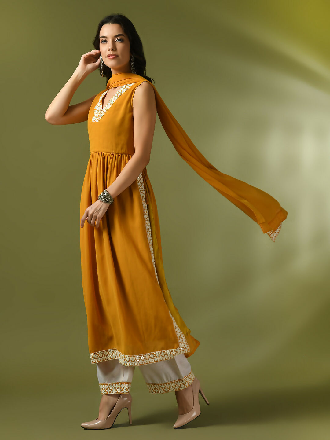 Myshka Women's Yellow Solid Georgette Anarkali Party Kurta Set With Dupatta - Distacart