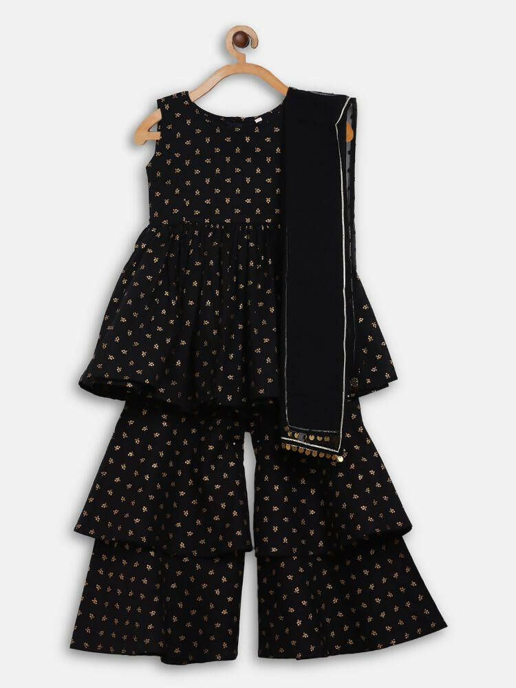 Ahalyaa Black Cotton Gold Print Kids Kurta Sharara Sets For Girls - Distacart