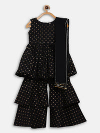 Thumbnail for Ahalyaa Black Cotton Gold Print Kids Kurta Sharara Sets For Girls - Distacart